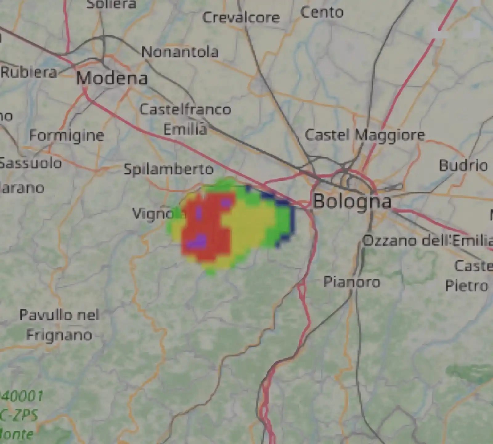 Image from Emilia Romagna Meteo: Temporale alle ore 18:30 tra Oliveto, Bazzano, Formica, Crespellano, Z...