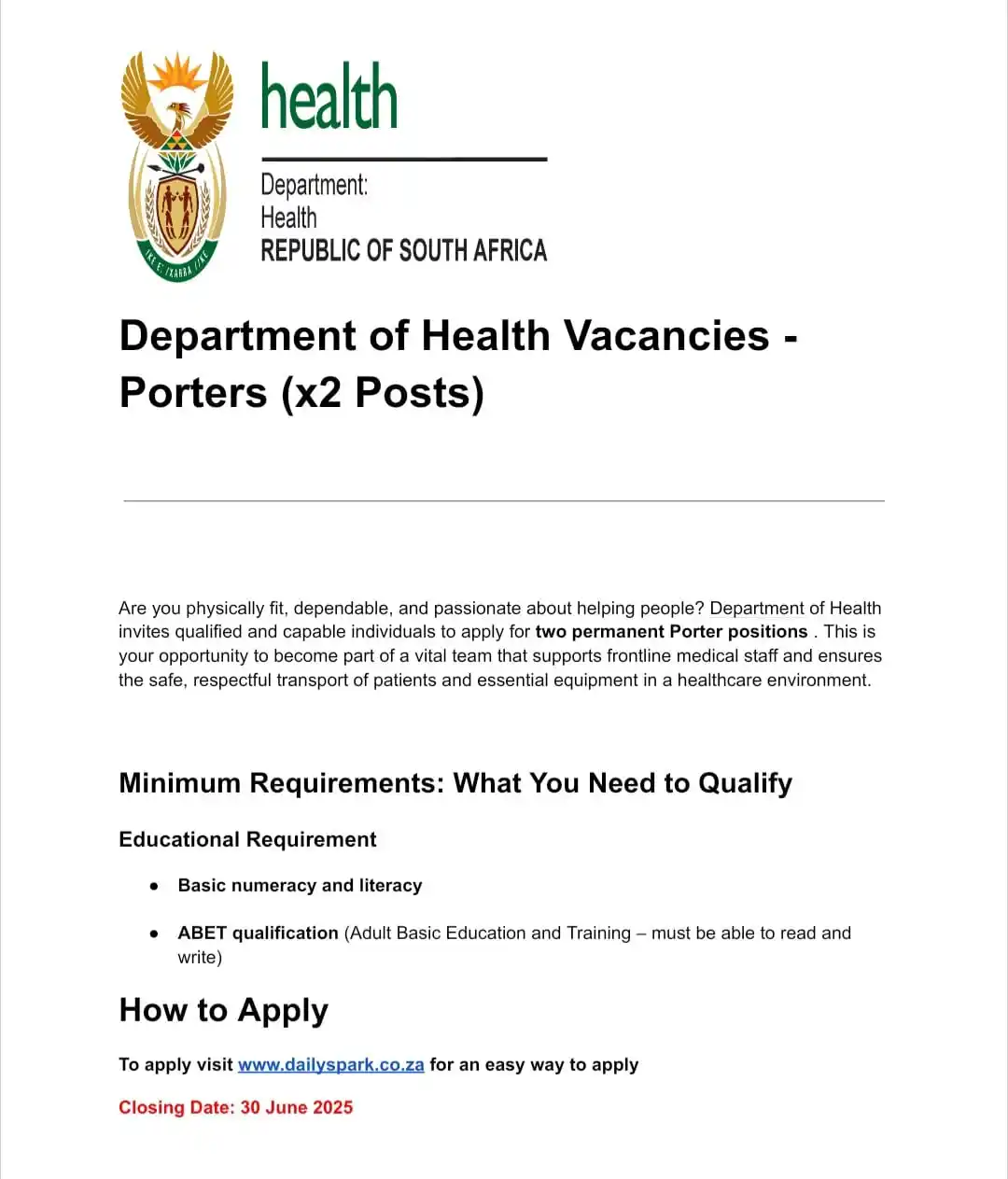 Image from dailyspark: Two (2) Porter vacancies at the Department of Health ✅Porter X2 SALA...