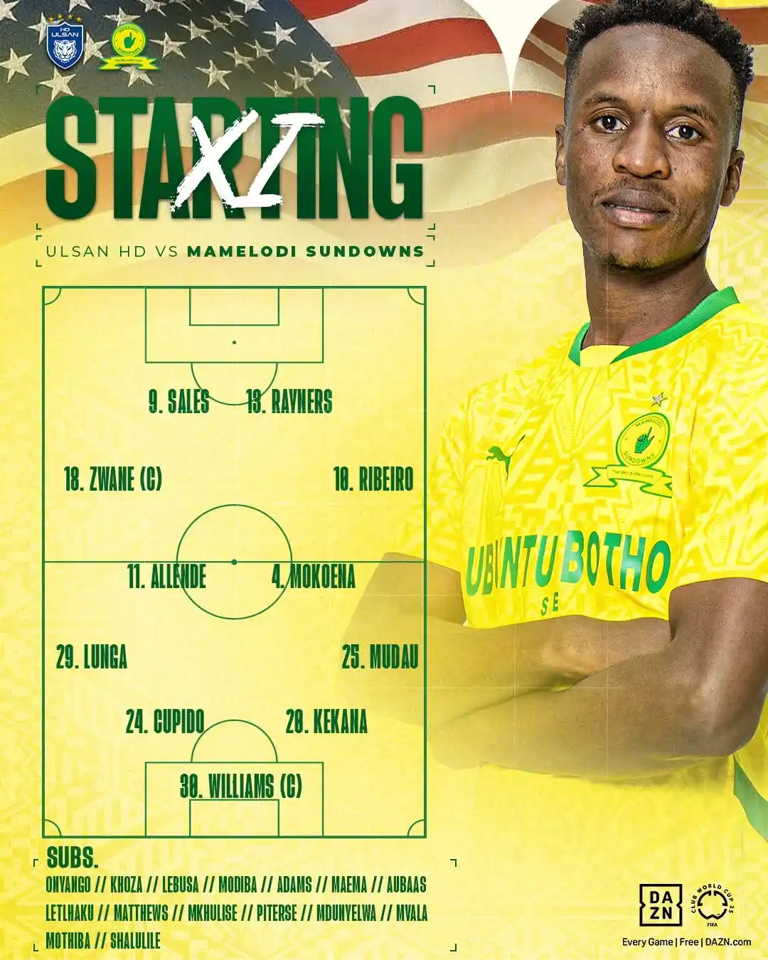 Image from bhorafrika: 🇿🇼Warriors left back Divine Lunga starts for Mamelodi Sundowns in th...