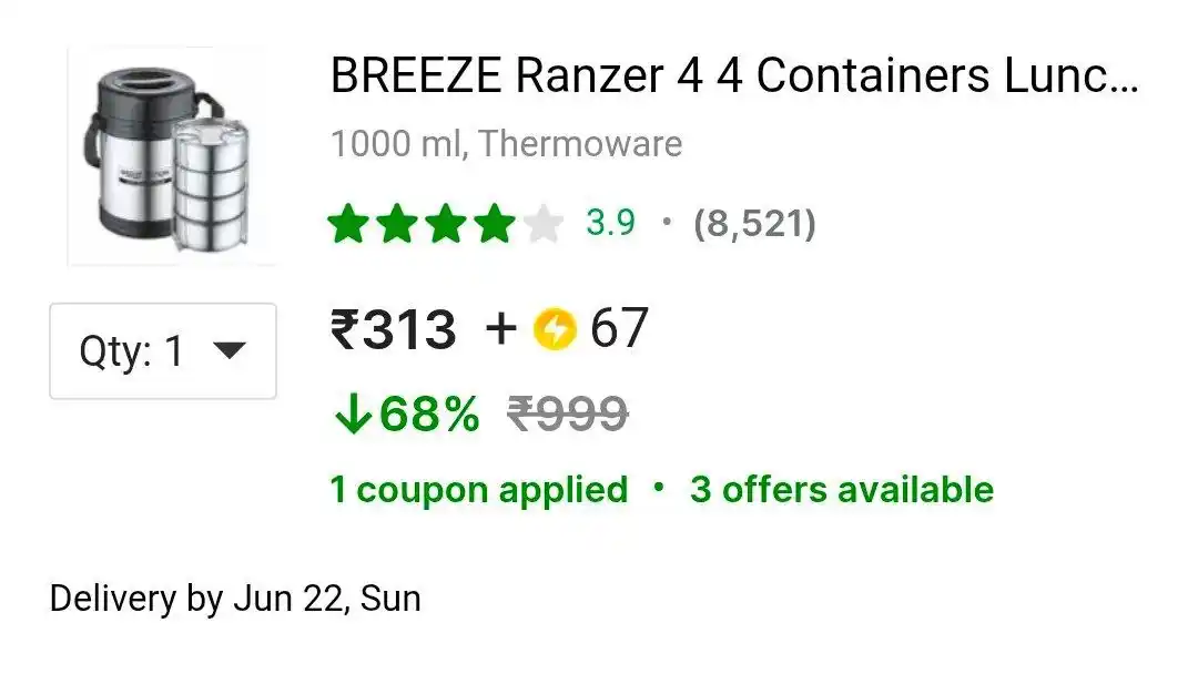 Image from Shopping Area ✨: 🔥4 Containers Lunch Box @₹313 + 67 SC ➡️https://fkrt.store/s/2kidc4...