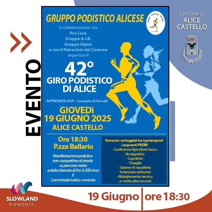 Image from Comune di Alice Castello: 42° GIRO PODISTICO ALICESE 🏃‍♀🏃 GIOVEDÌ 19 GIUGNO ⏰ Ore 18.30: ritro...