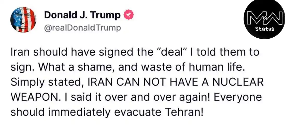 Image from Mw Status News: BREAKING NEWS: Trump just tweeted this dramatic tweet: *IRAN CAN'T HAV...