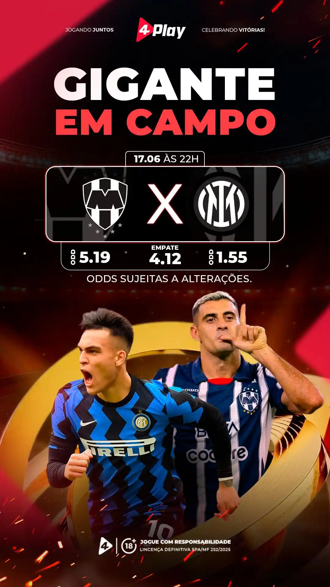 Image from 4PLAY.BET: *🔥 Gigante em campo!* _Hoje tem Monterrey x Inter de Milão às 22h no ...
