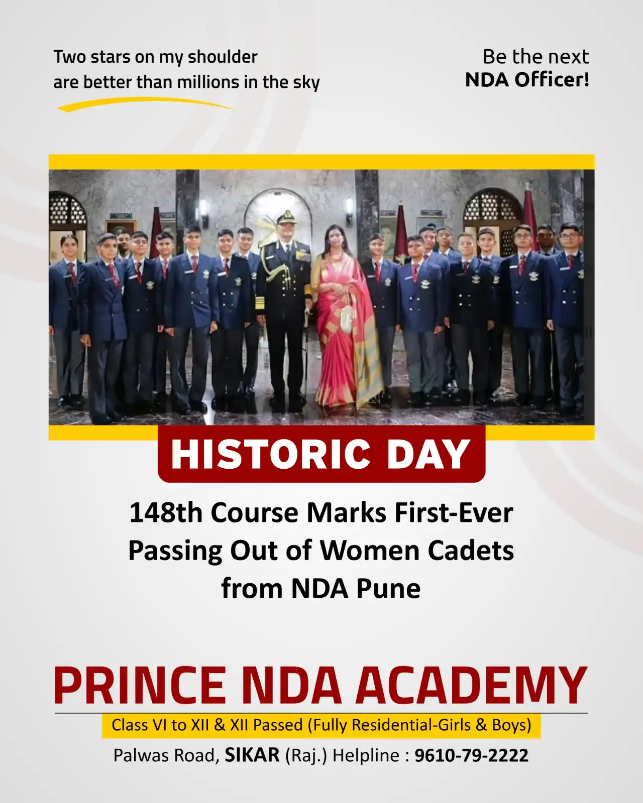 Image from Prince Education Hub, Sikar: "History Created! NDA's first-ever batch of 17 women cadets have gradu...