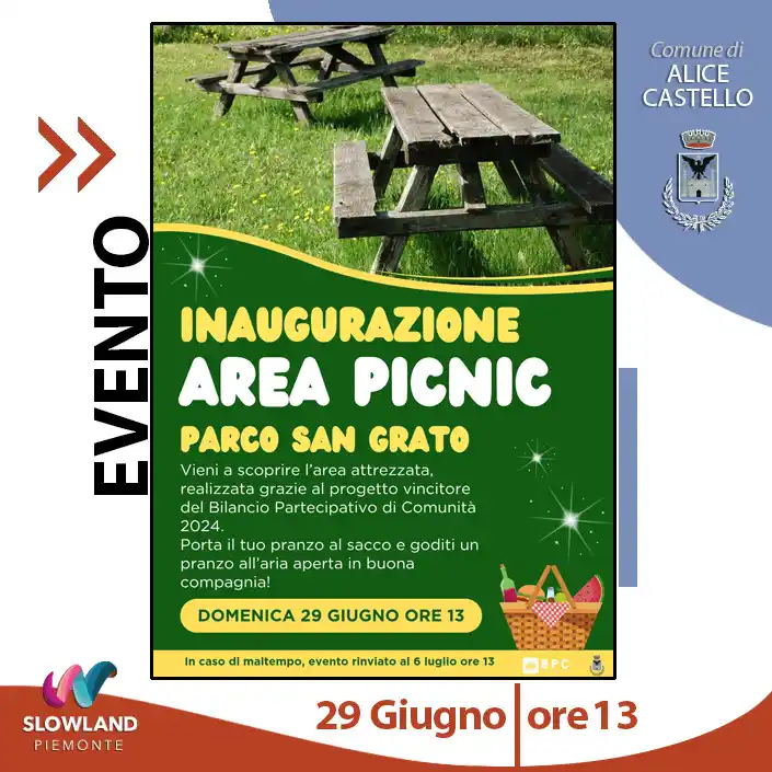 Image from Comune di Alice Castello: 🎉 Inaugurazione AREA PICNIC Domenica 29 giugno ⏰ Ore 13 📍 Parco San ...