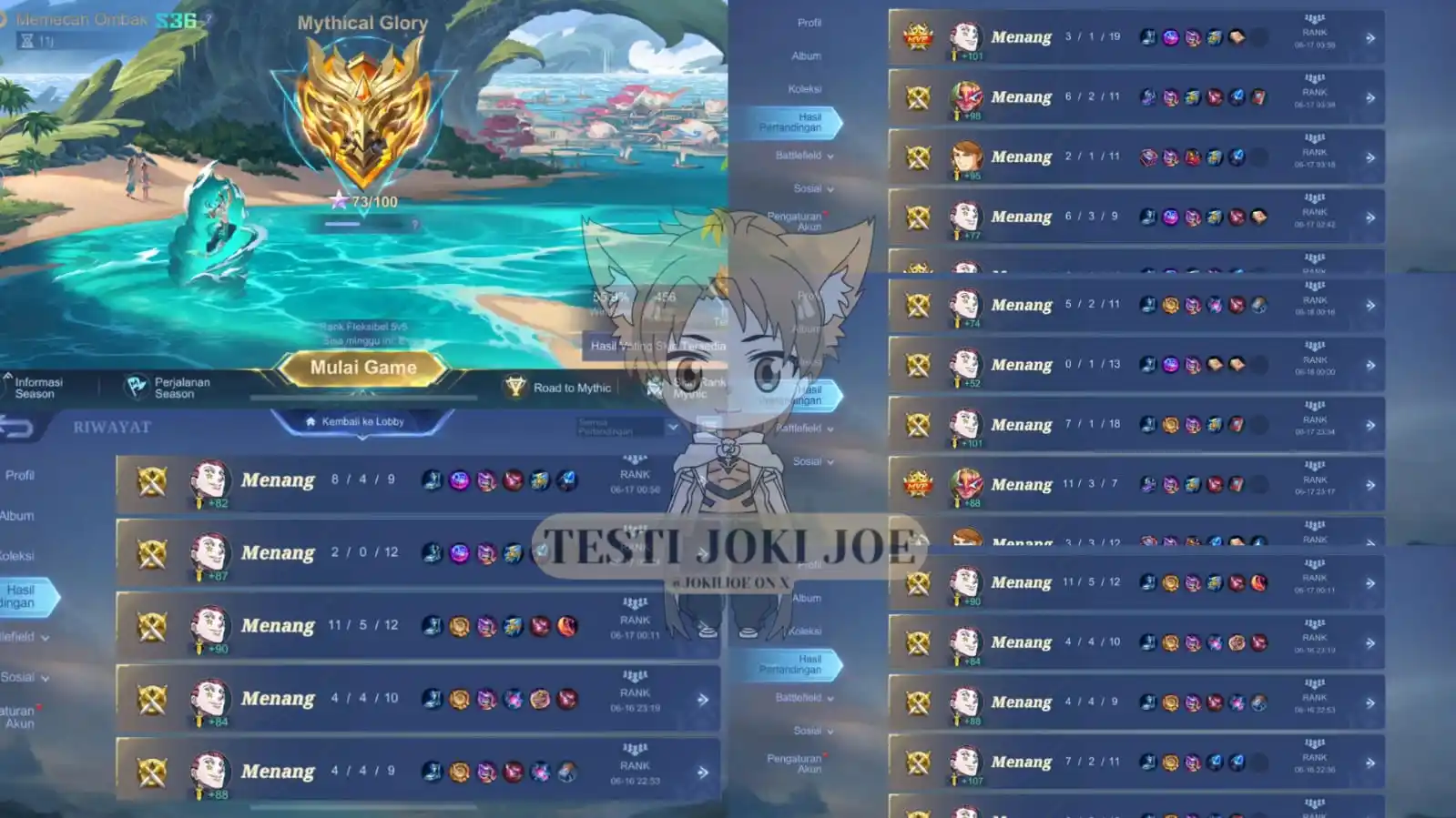 Image from Testi joki JoE: Joki via log Mythic 54 -> 73 total 19⭐️ Cust req Pharsa + Ceci + Flo...