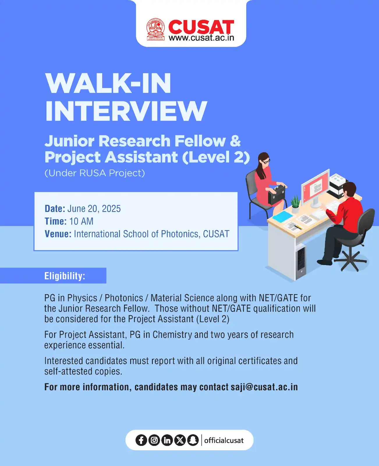 Image from Cochin University of Science and Technology: Junior Research Fellow and Project Assistant (Level 2) posts at the CU...