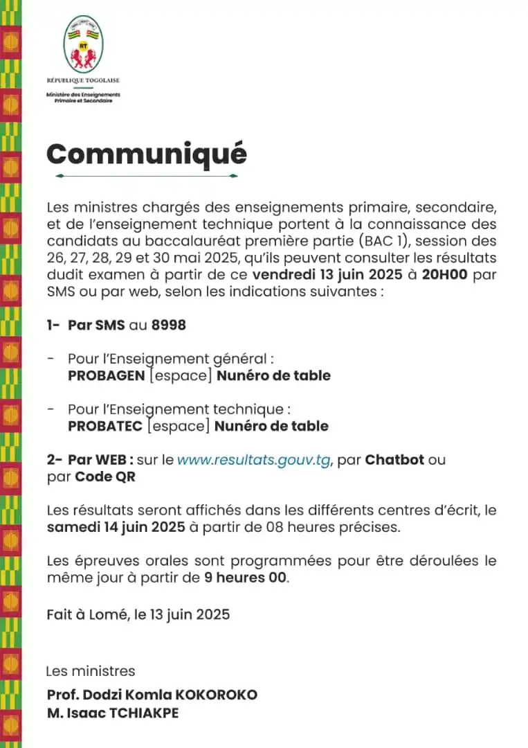Image from TOGOTIMES.info: Les candidats au Bac 1 peuvent consultés les résultats à partir de ce ...