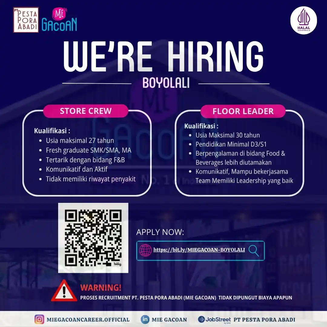 Image from MIE GACOAN CAREER: *Pendaftaran Store Crew & Floor Leader Existing Store Boyolali* 🔗 htt...