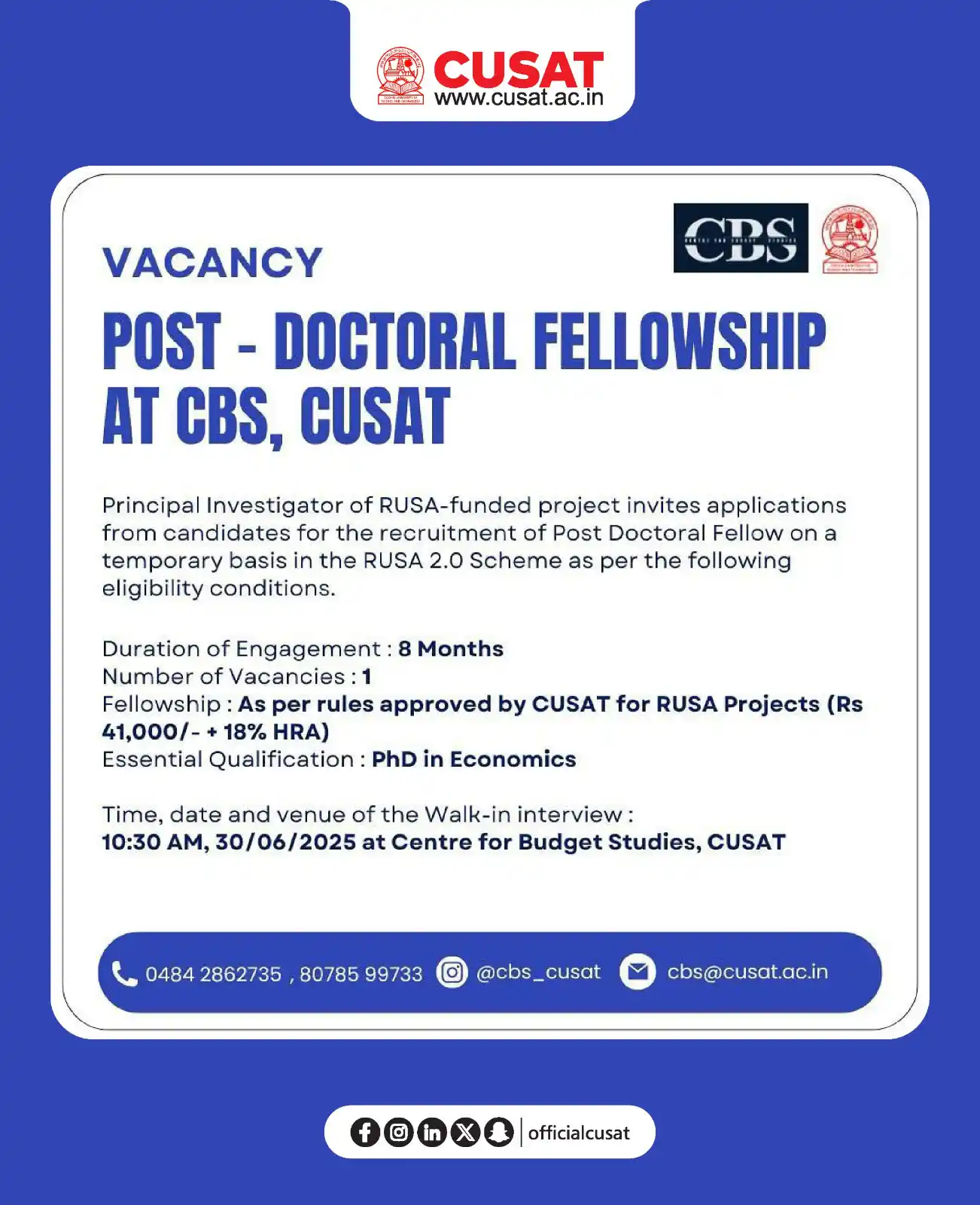 Image from Cochin University of Science and Technology: Post-Doctoral Fellowship at Centre for Budget Studies, CUSAT <a class=...