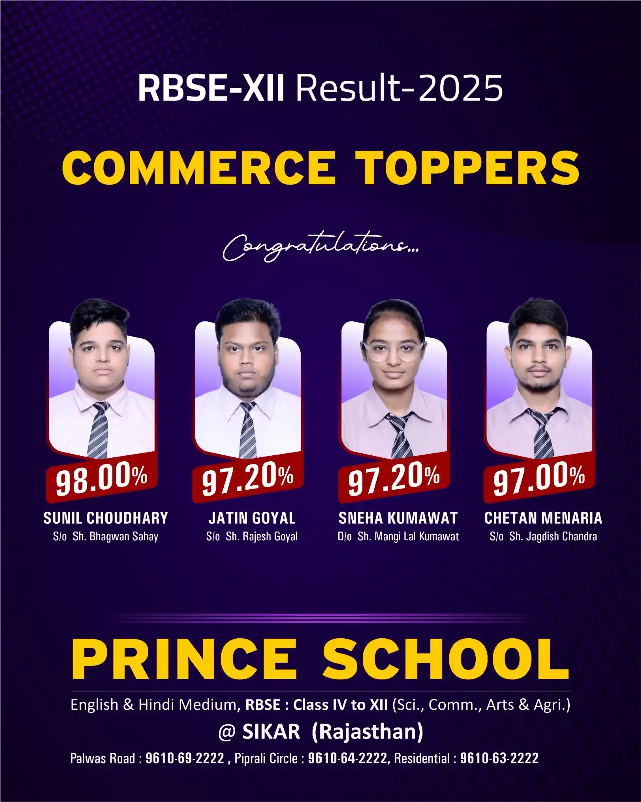 Image from Prince Education Hub, Sikar: 📊 RBSE 2025 | Commerce Achievers | Prince School, Sikar We are proud...