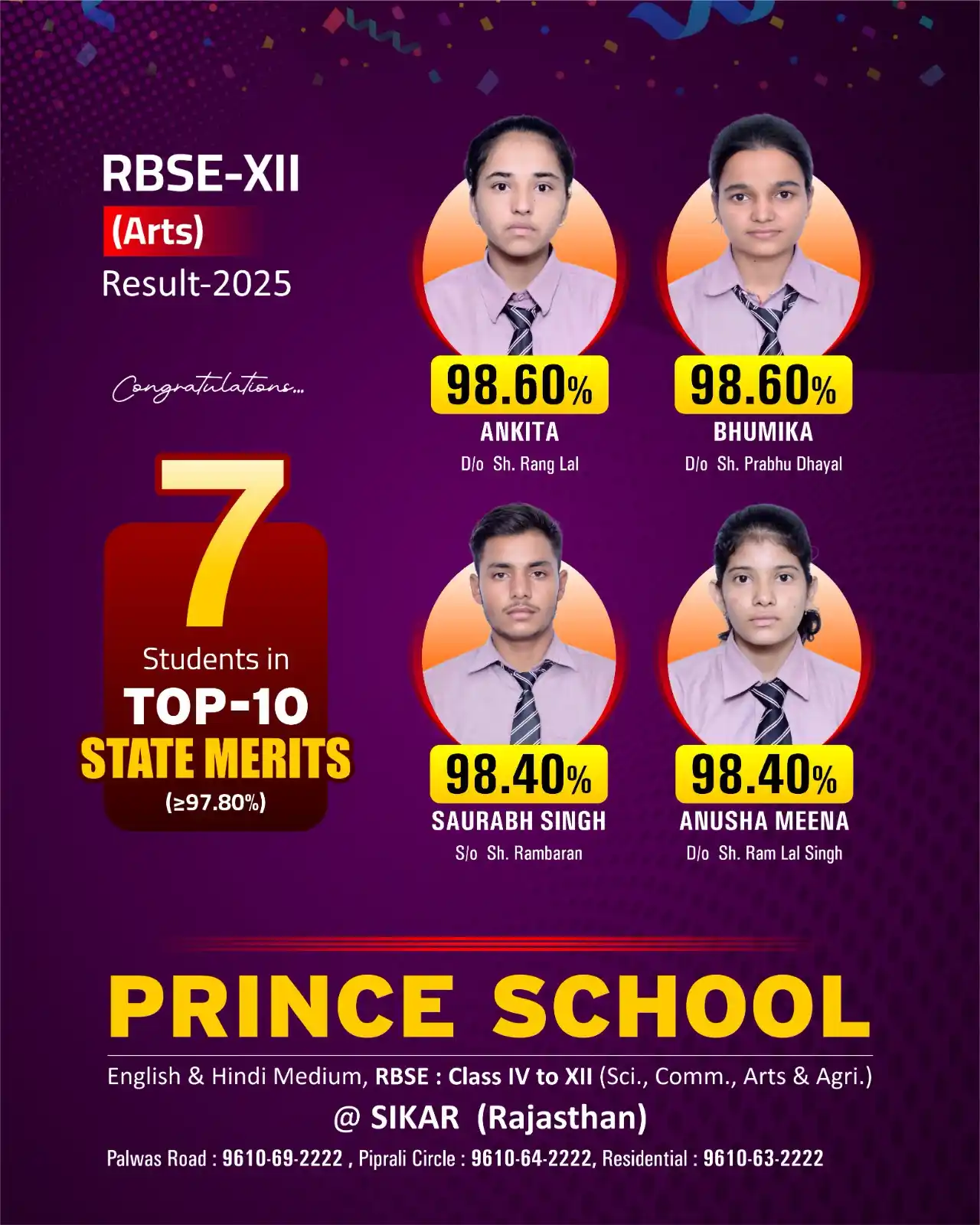 Image from Prince Education Hub, Sikar: 🎓 RBSE Arts Result 2025 | Prince School, Sikar We are proud to share ...