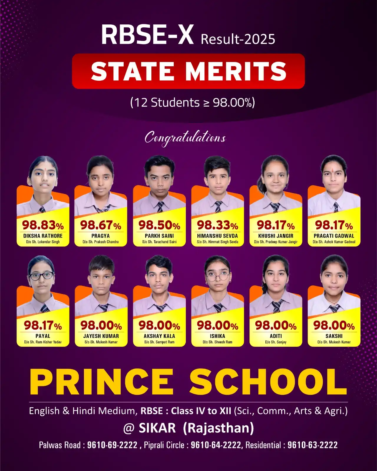 Image from Prince Education Hub, Sikar: 🎓 RBSE-X Results 2025 | Exceptional Performance by Prince School Stud...
