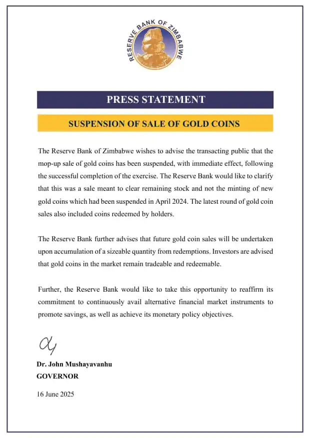 Image from Hurumende News Hub: *RBZ Halts Gold Coin Sales After Clearing Final Stock: Coins Remain Tr...
