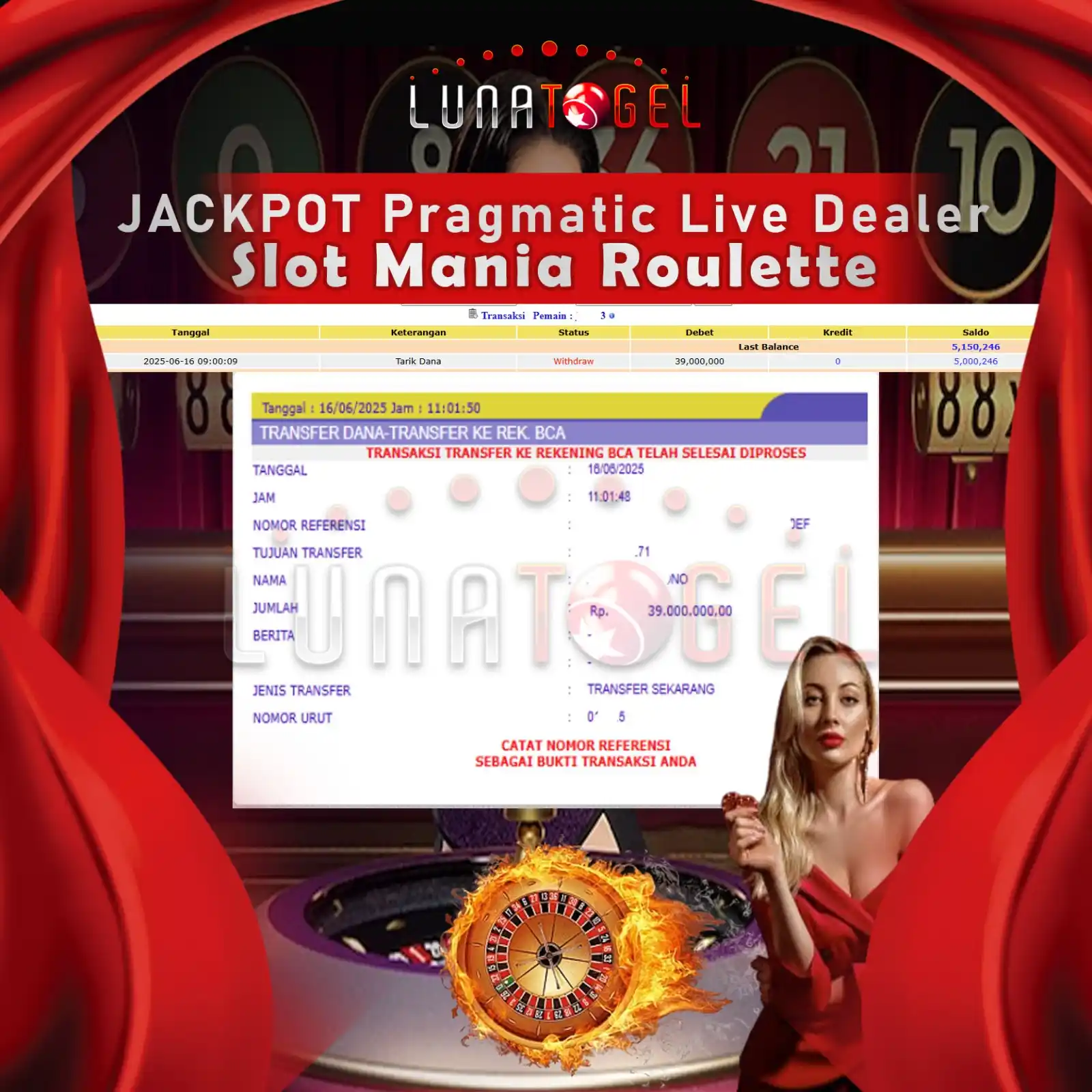 Image from LUNACNL: Selamat Kepada User Id : joxxx93 JP Paus di Permainan Slot Mania Roule...