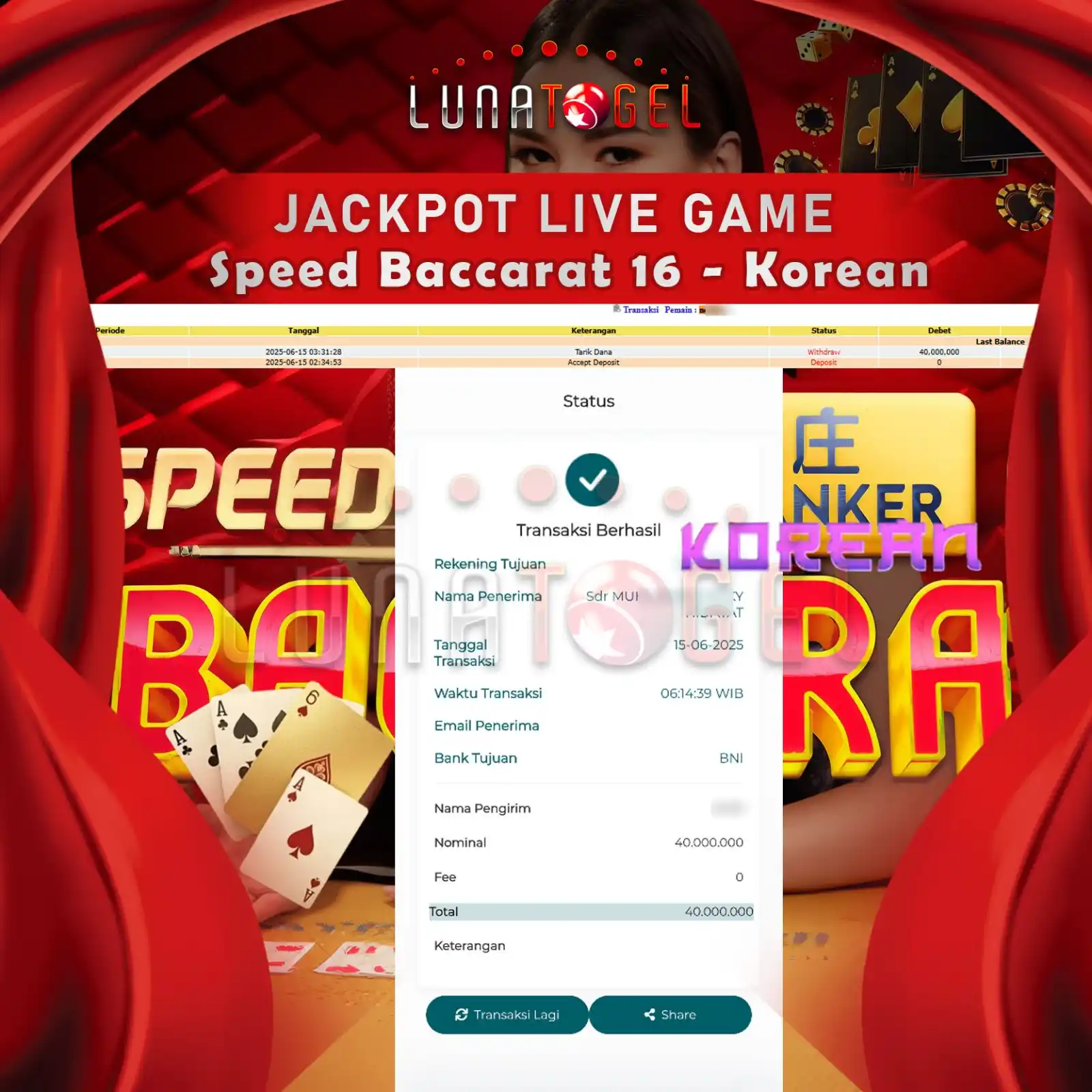 Image from LUNACNL: Selamat Kepada User Id : nexxxx JP Paus di Permainan Speed Baccarat 16...