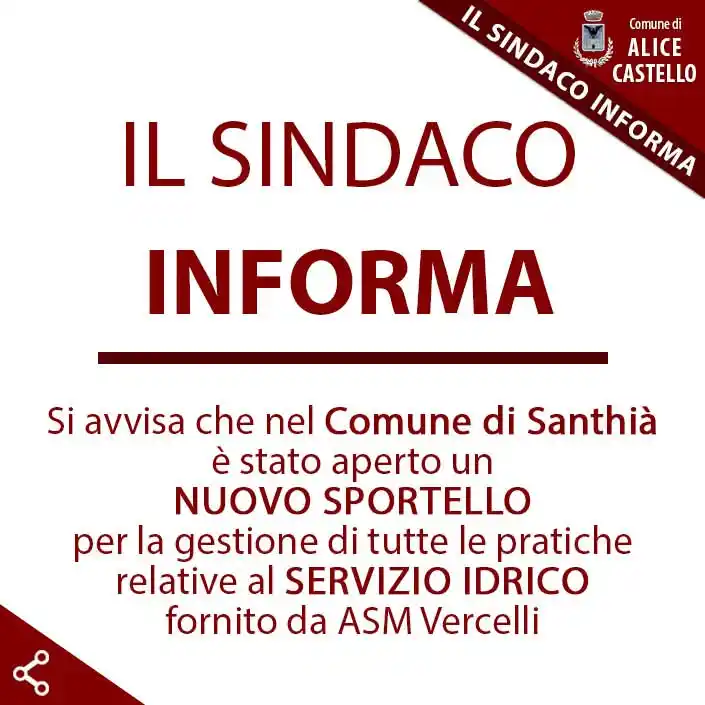 Image from Comune di Alice Castello: ‼️Si avvisa che nel Comune di Santhià è stato aperto un nuovo sportell...