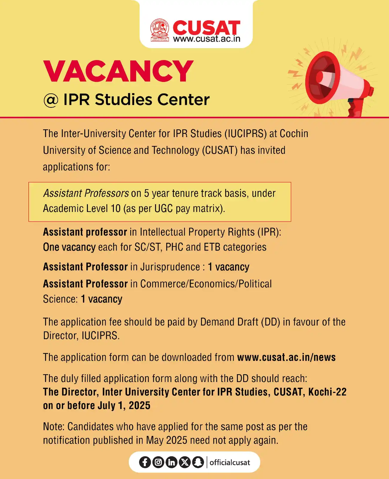 Image from Cochin University of Science and Technology: VACANCY at IPR Studies Center. The application form can be downloaded ...