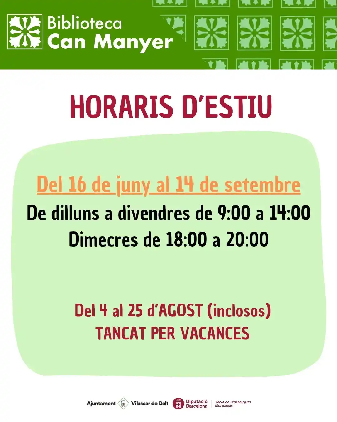 Image from Ajuntament de Vilassar de Dalt: A partir d'avui, la Biblioteca Can Manyer fa horari d'estiu 🕑🌞 i obr...