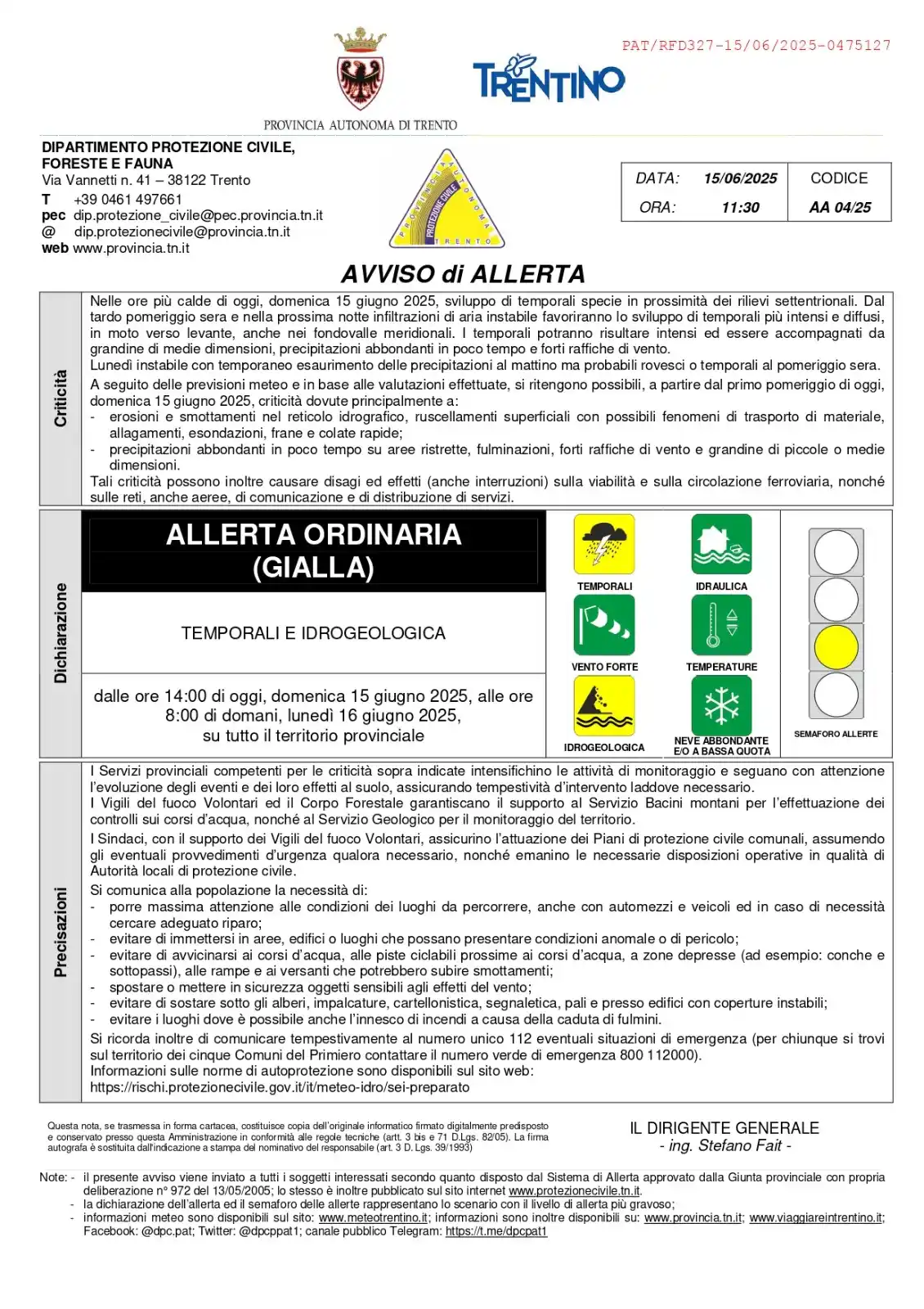 Image from Protezione civile Trentino: ALLERTA ORDINARIA (GIALLA) TEMPORALI E IDROGEOLOGICA dalle ore 14:00 d...