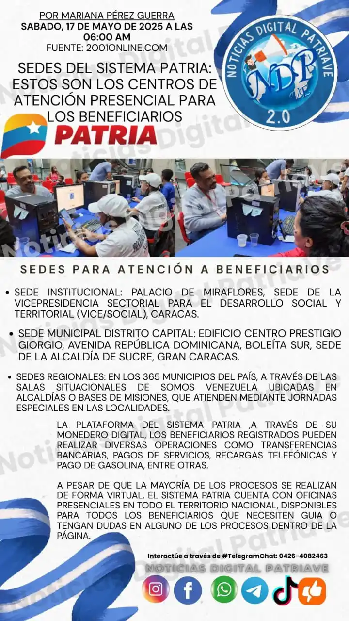 Image from 🇻🇪🌏𝐂𝐚𝐧𝐚𝐥 (𝐍𝐨𝐭𝐢𝐜𝐢𝐚𝐬 𝐃𝐢𝐠𝐢𝐭𝐚𝐥 𝐏𝐚𝐭𝐫𝐢𝐚𝐕𝐞)🌏🇻🇪: ⚠️❗️Atención al Cliente❗️⚠️ Sedes del Sistema Patria: estos son los c...