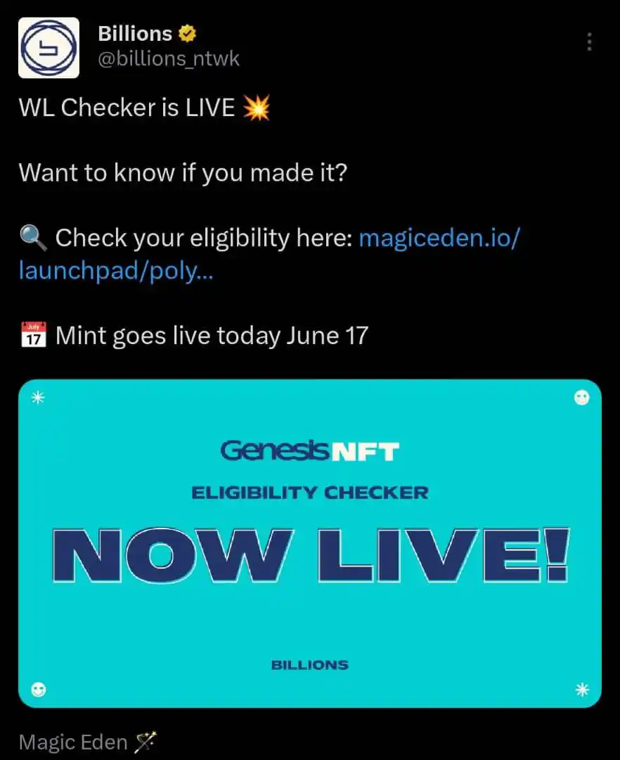 Image from Web3 Millionaire Channel: Billions Network WL checker is out I gave out 2 GTD spots on May 31s...