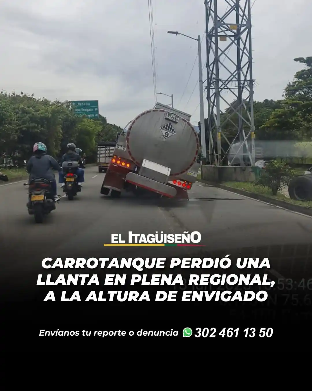 Image from Noticias Metropolitana: *Carrotanque perdió una llanta en plena regional, a la altura de Envig...