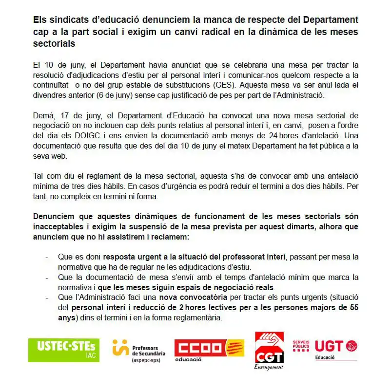 Image from USTEC•STEs (IAC) : *[Comunicat unitari] Denunciem la manca de respecte del Departament ca...