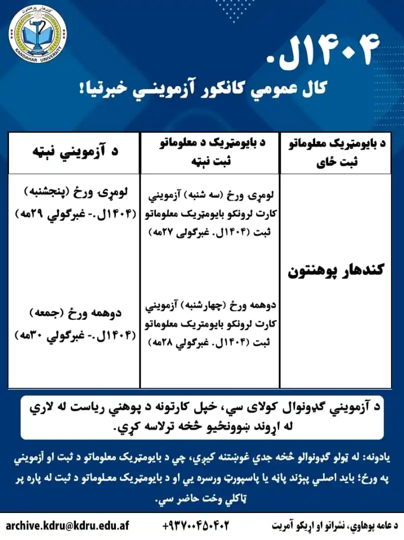 Image from کندهار پوهنتون-Kandahar University: د (۱۴۰۴ل.) کال عمومي کانکور اړوند د کندهار پوهنتون خبرتیا! د لومړۍ ور...