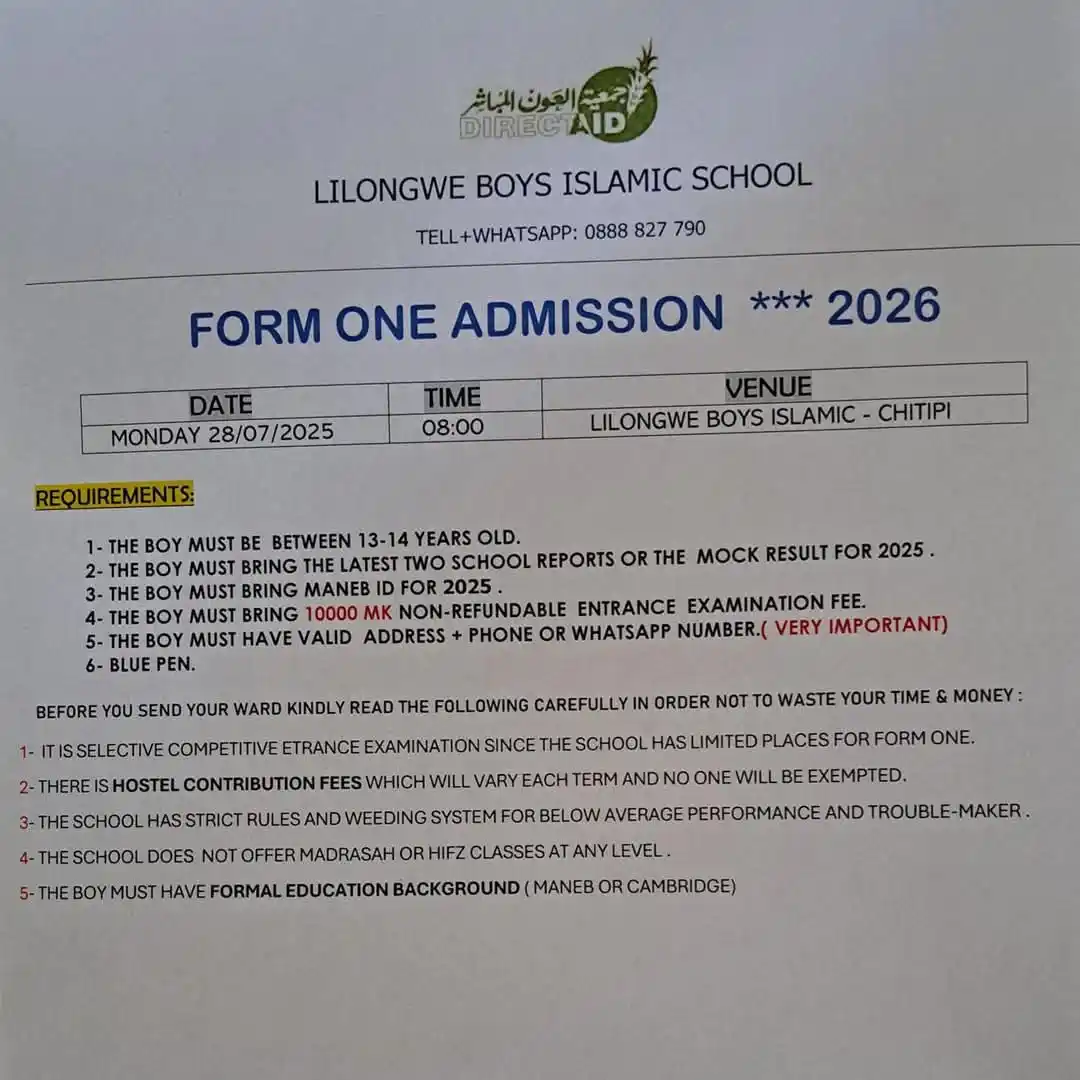 Image from ONLINE JOB VACANCIES: *Form 1 Admission@ Lilongwe Boys Islamic Secondary School*...