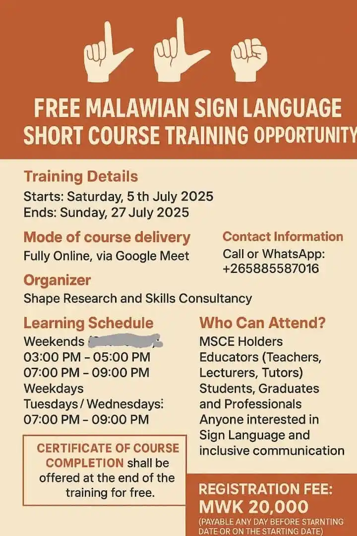 Image from ONLINE JOB VACANCIES: FREE MALAWIAN SIGN LANGUAGE SHORT COURSE TRAINING OPPORTUNITY - OPEN T...