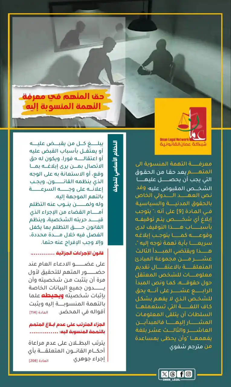 Image from شبكة عمان القانونية: 🟥 حق المتهم في معرفة التهمة المنسوبة إليه 📌 يُعد من المبادئ الأساس...