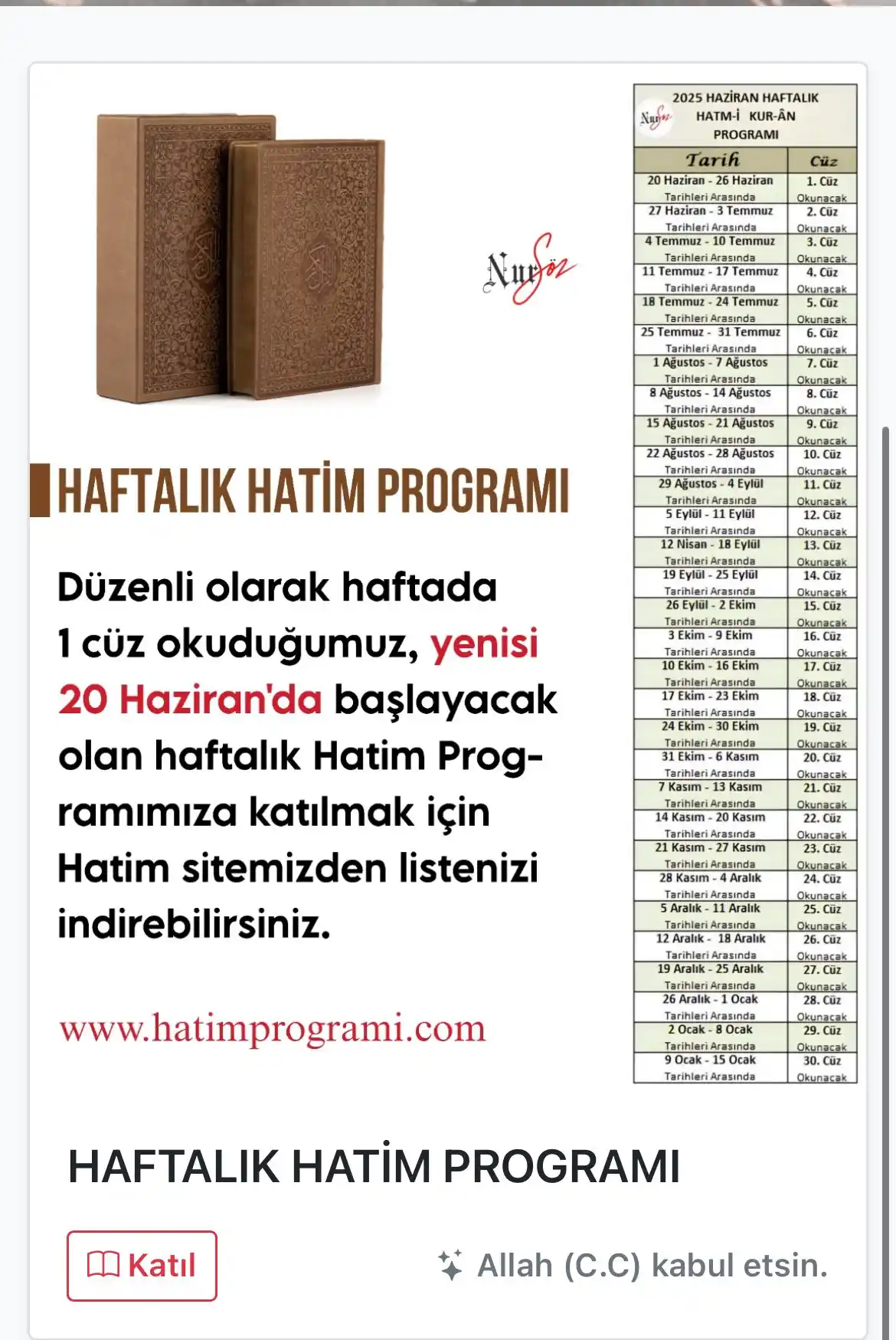 Image from NURSÖZ: https://hatimprogrami.com/Quran/WeeklyProgram Haftalık hatim programı...