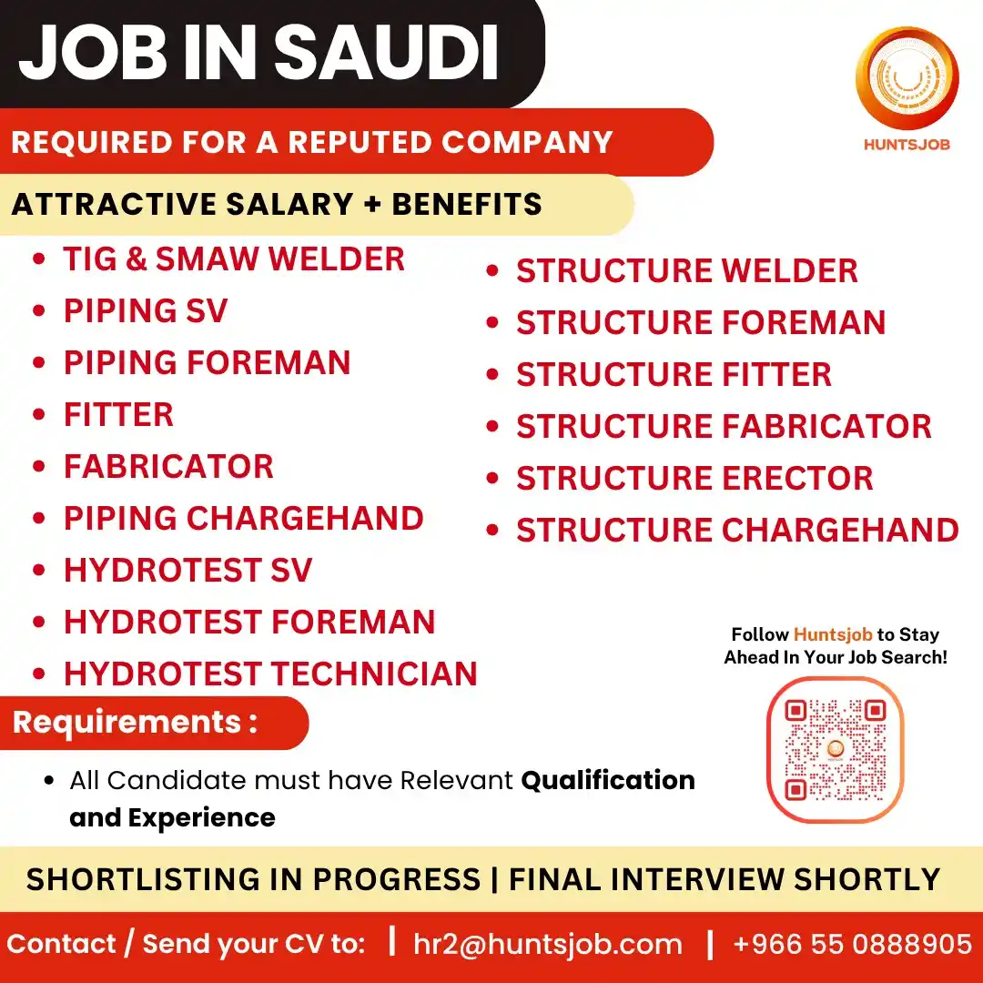 Image from Huntsjob: Jobs in Saudi✈️ ▶TIG & SMAW Welder https://www.huntsjob.com/jobdetails...