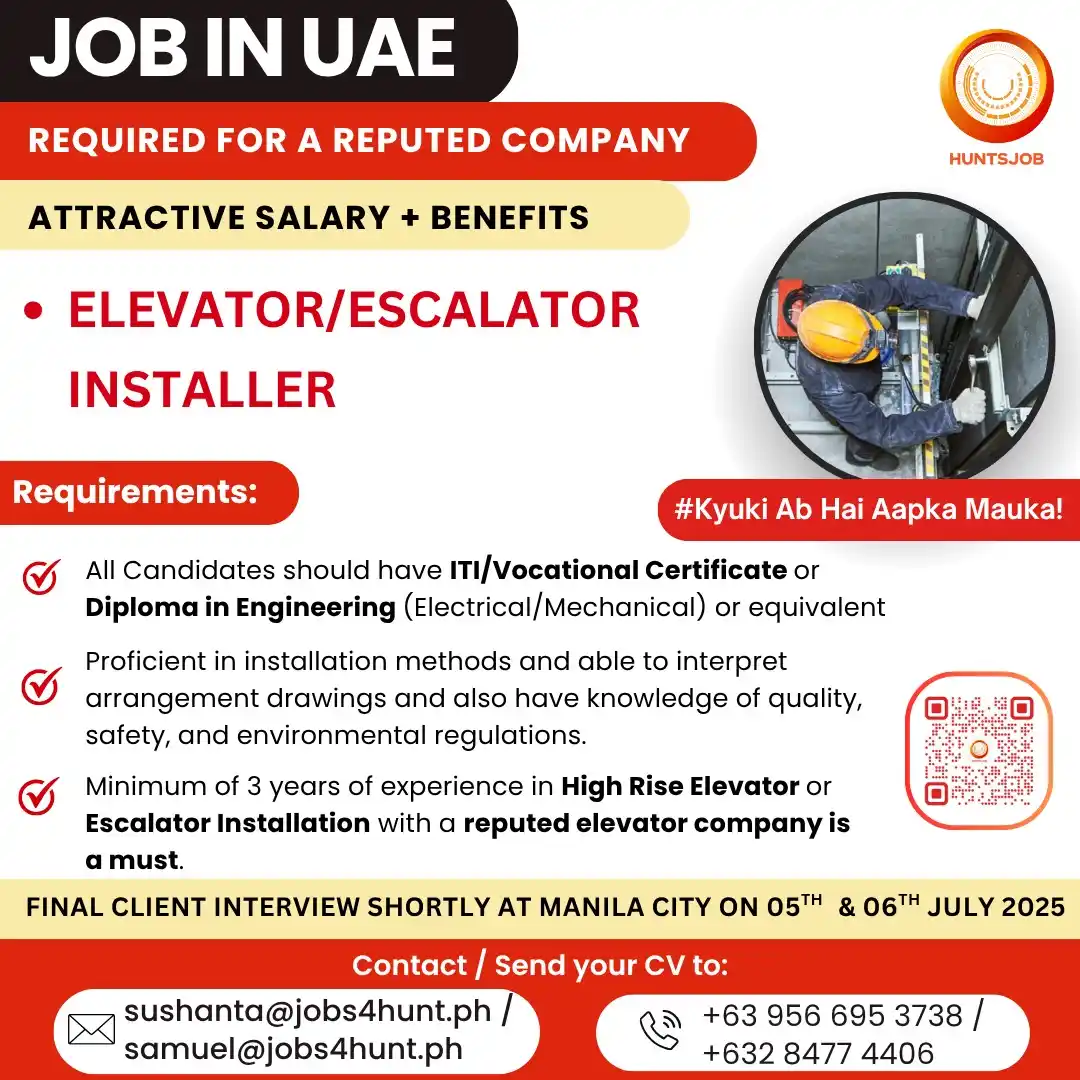Image from Huntsjob: Jobs in UAE✈️ ▶Elevator/Escalator Installer https://www.huntsjob.com/j...