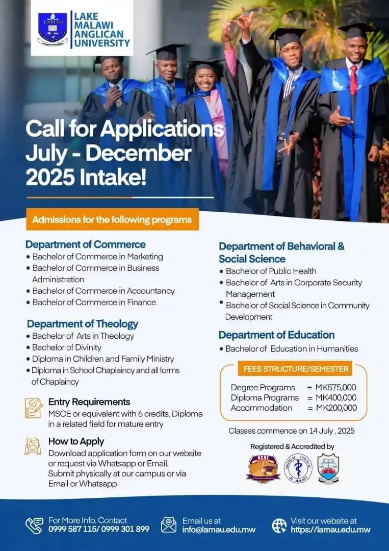 Image from ONLINE JOB VACANCIES: *LAKE MALAWI ANGLICAN UNIVERSITY* Registered and accredited by: 1. NC...