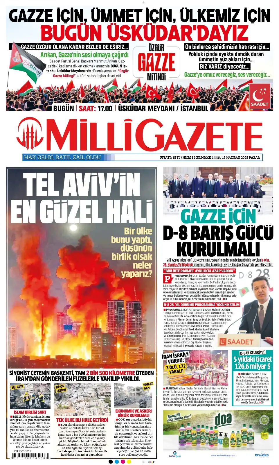 Image from Milli Gazete: *Millî Gazete'nin bugünkü birinci sayfası:* İran ordusu, misilleme sa...