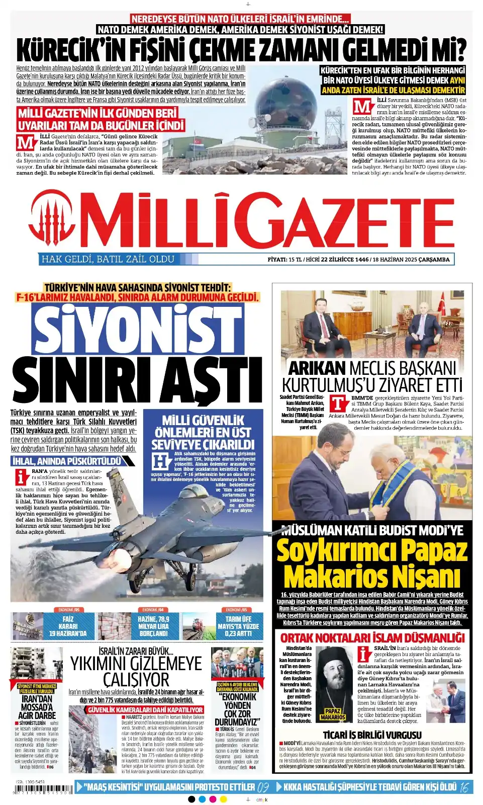 Image from Milli Gazete: *Millî Gazete'nin bugünkü birinci sayfası:* Siyonist sınırı aştı htt...