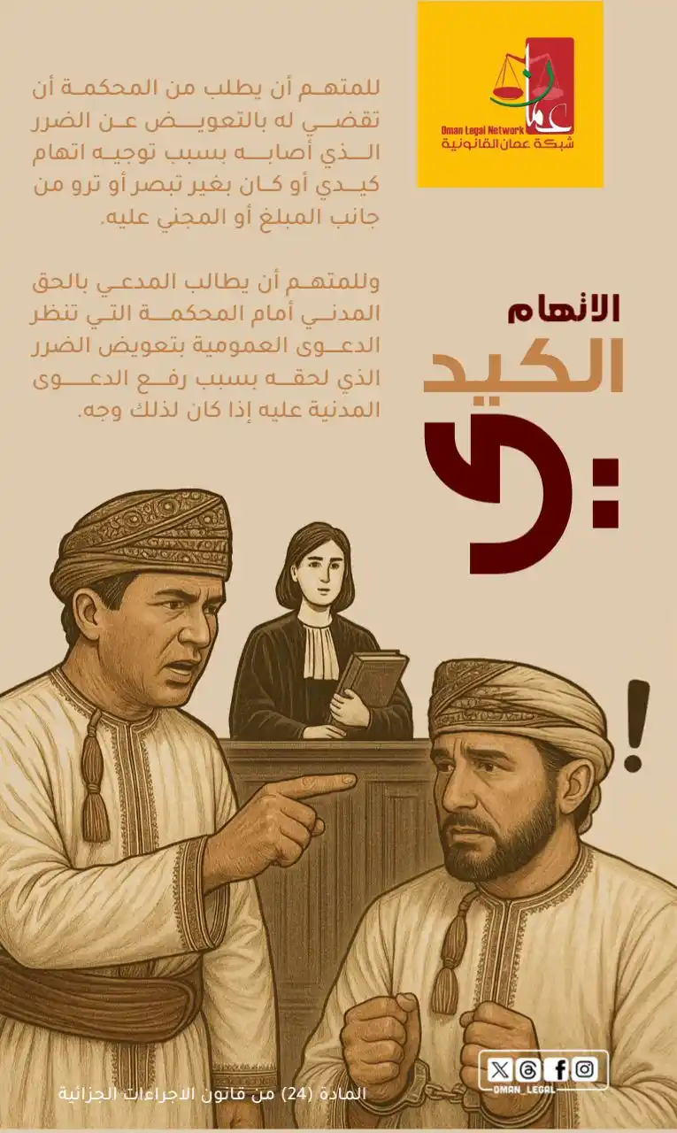 Image from شبكة عمان القانونية: من حق المتهم المطالبة بالتعويض إن ثبت أن الاتهام كان بدافع الكيد أو بغ...
