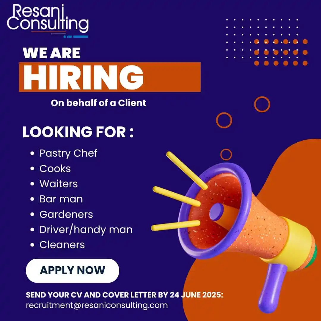 Image from ONLINE JOB VACANCIES: MULTIPLE POSITIONS@ RESANI CONSULTING 1. Pastry Chef 2. Cooks 3. Wai...