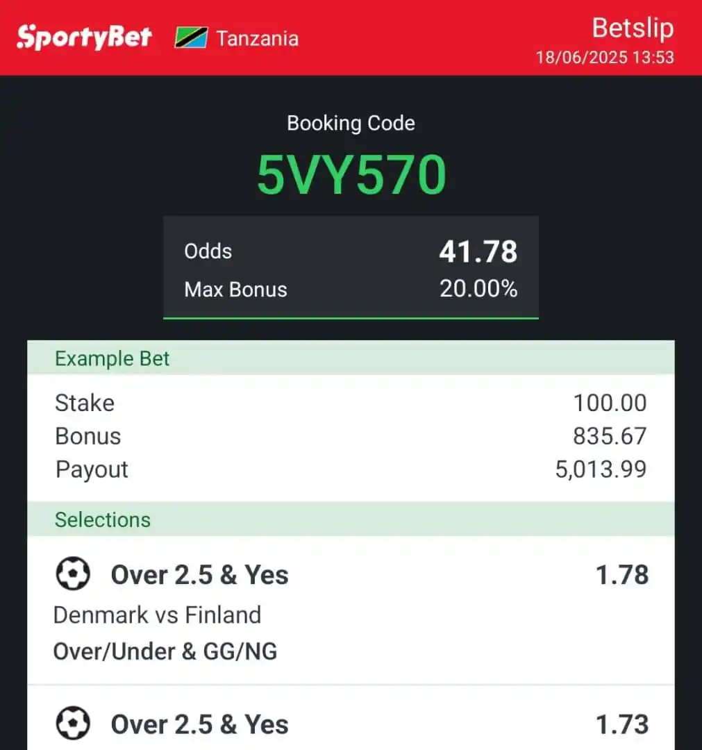 Image from Sports Spirt: Odds 40 Sportybet 🔥 Code 👉5VY570...