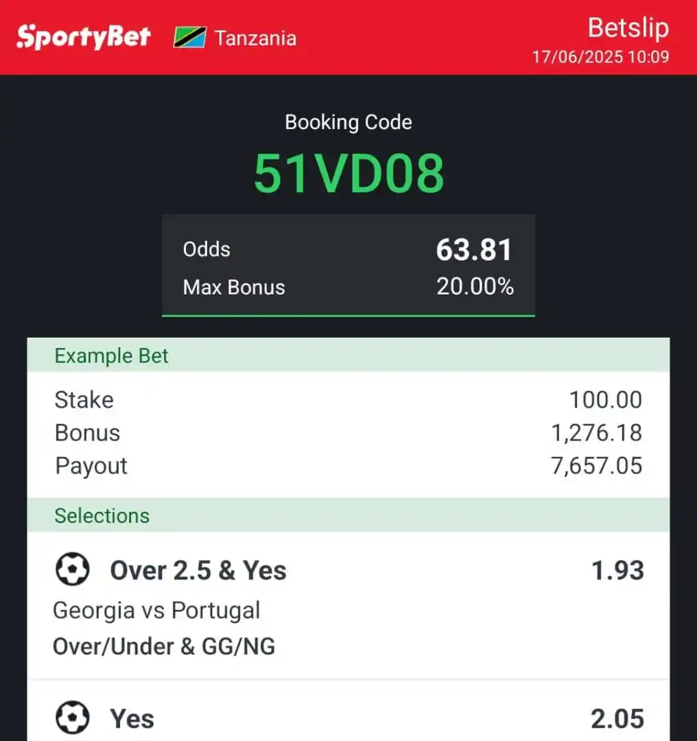 Image from Sports Spirt: Odds 63 Za Leo Sportybet 🔥 code 👉 51VD08...