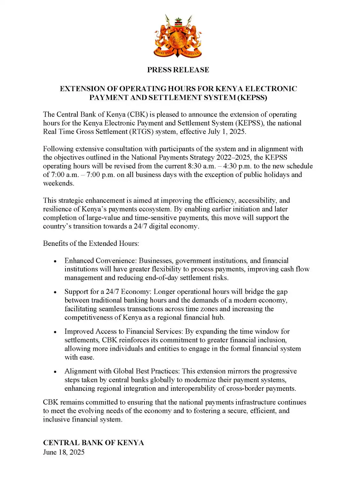 Image from Central Bank of Kenya: Press Release: Extension of Operating Hours for Kenya Electronic Payme...