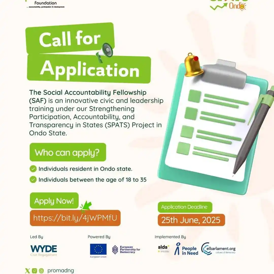 Image from Verifiable Jobs/ Opportunities With #AdetolaElegbeje: PROMAD invites applications for its Social Accountability Fellowship (...
