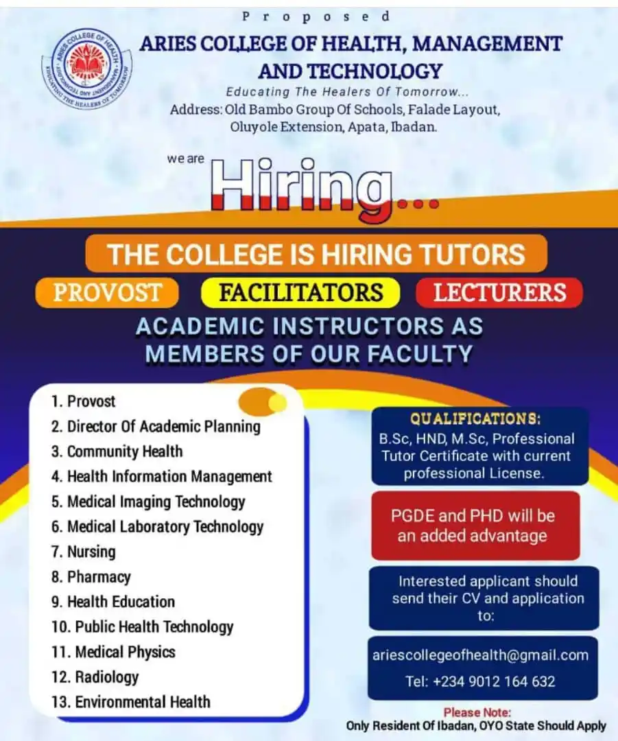 Image from Verifiable Jobs/ Opportunities With #AdetolaElegbeje: Provost Lecturers Non academic Vacancy Ibadan For more job opport...