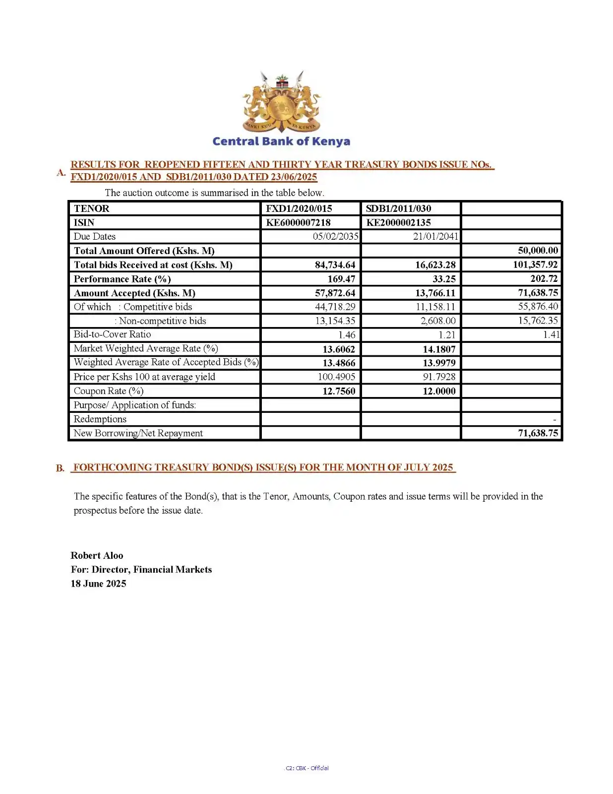 Image from Central Bank of Kenya: Results for Reopened Fifteen- and Thirty-Year Treasury Bonds Issue NOs...