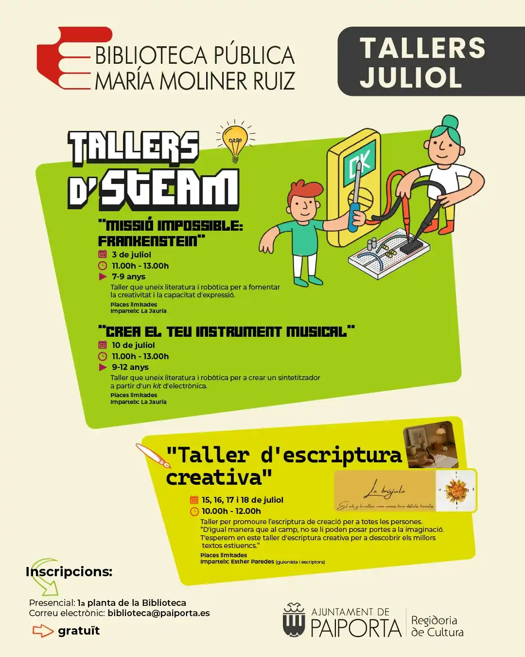 Image from Ajuntament de Paiporta: 🙌🏻Tallers de juliol a la biblioteca! 🤖 *TALLERS D'STEAM:* *-"Missi...