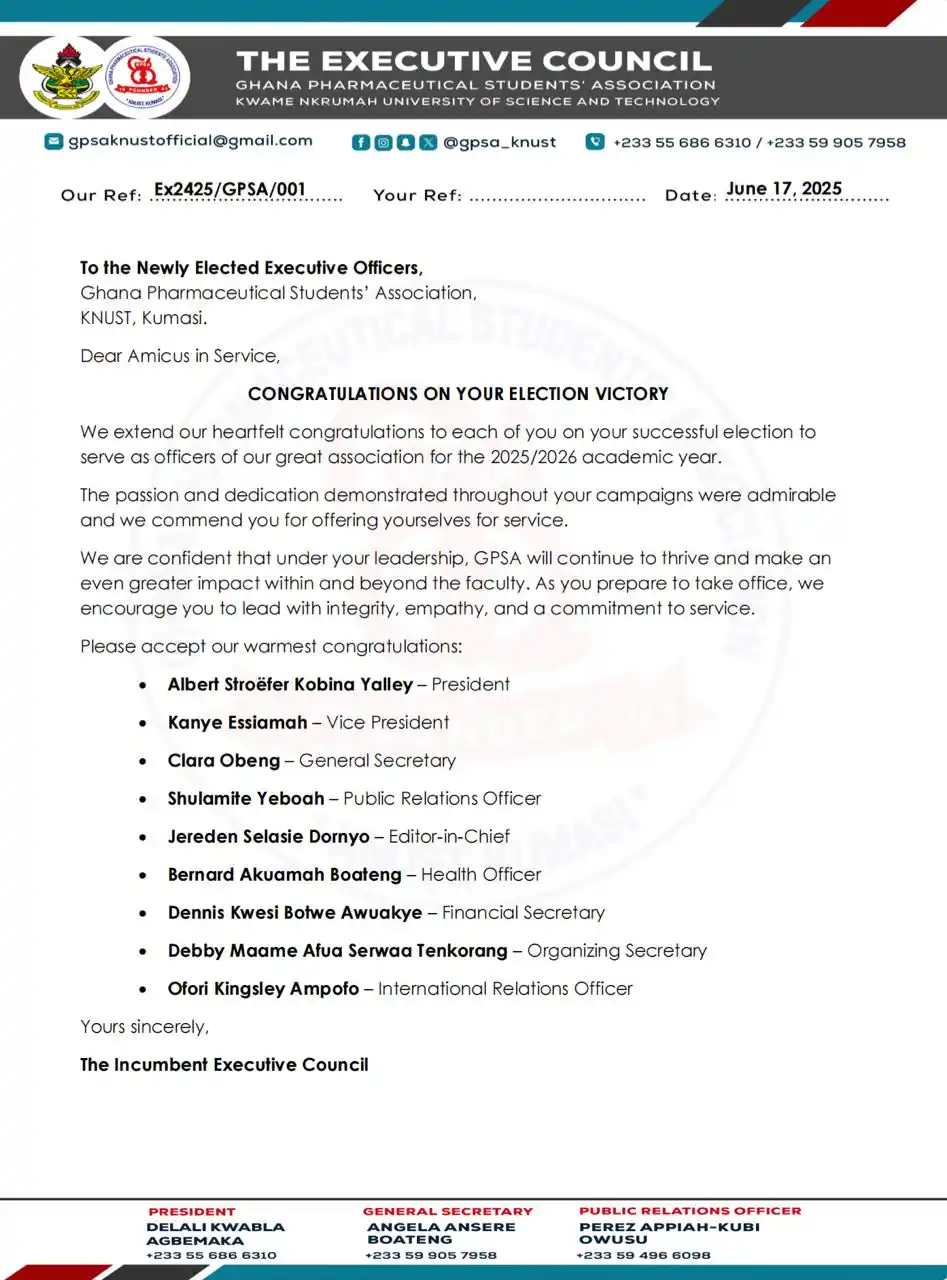 Image from GPSA KNUST: TO THE NEWLY ELECTED EXECUTIVES, CONGRATULATIONS ON YOUR ELECTION VICT...