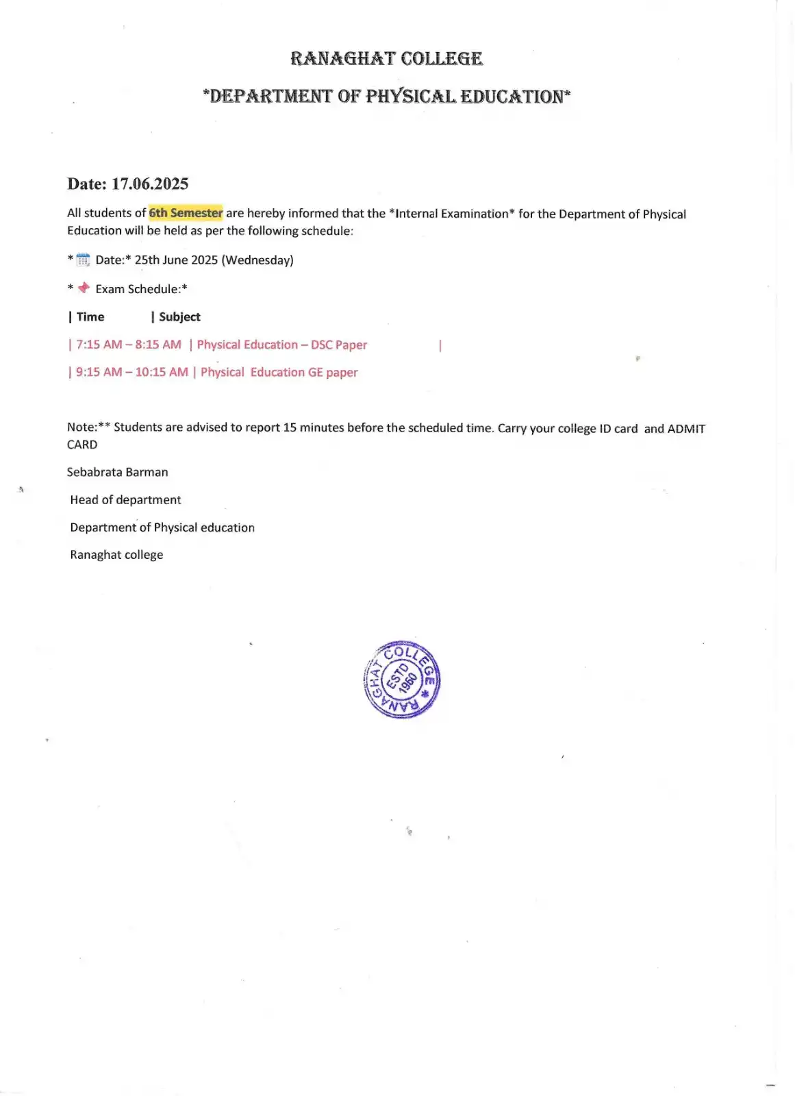 Image from Ranaghat College Official: UG 6th Sem Physical Education Internal Examination Notice,2025...