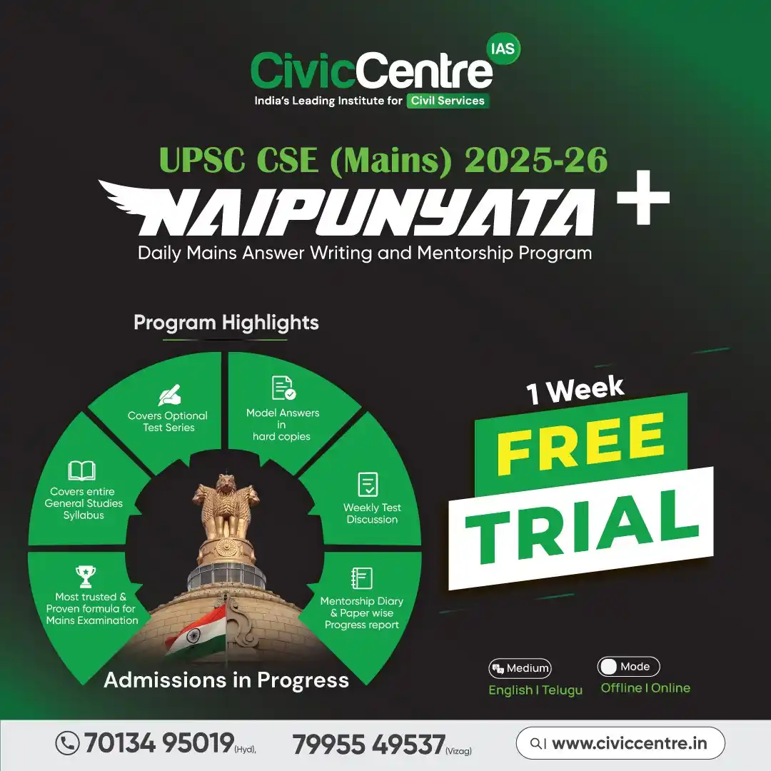 Image from CivicCentre IAS Academy: 🚀 *UPSC CSE Mains 2025-26 Naipunyata+ — Daily Answer Writing & Mentor...